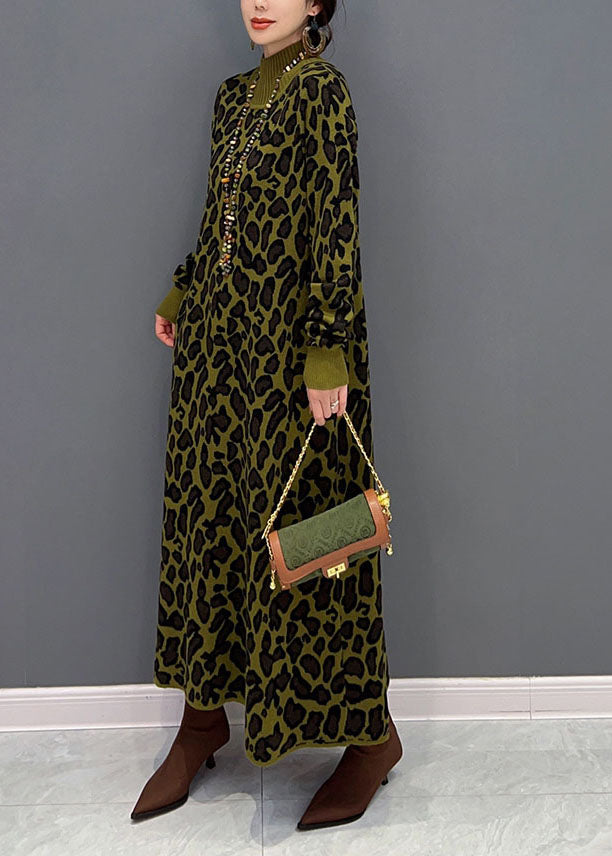 Fitted Green High Neck Oversized Leopard Print Long Knit Dress Winter