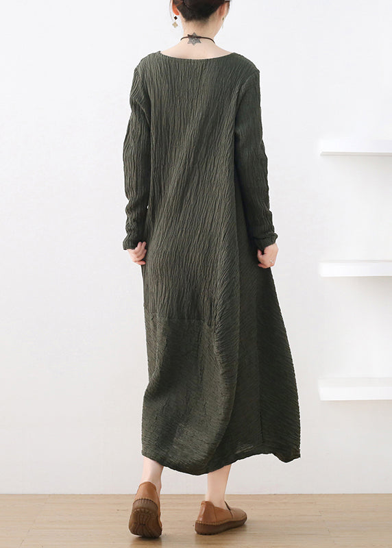 Fitted Green O-Neck Asymmetrical Cotton Maxi Dress Long Sleeve