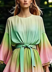 Fitted Green O-Neck Patchwork Silk Maxi Dress Fall