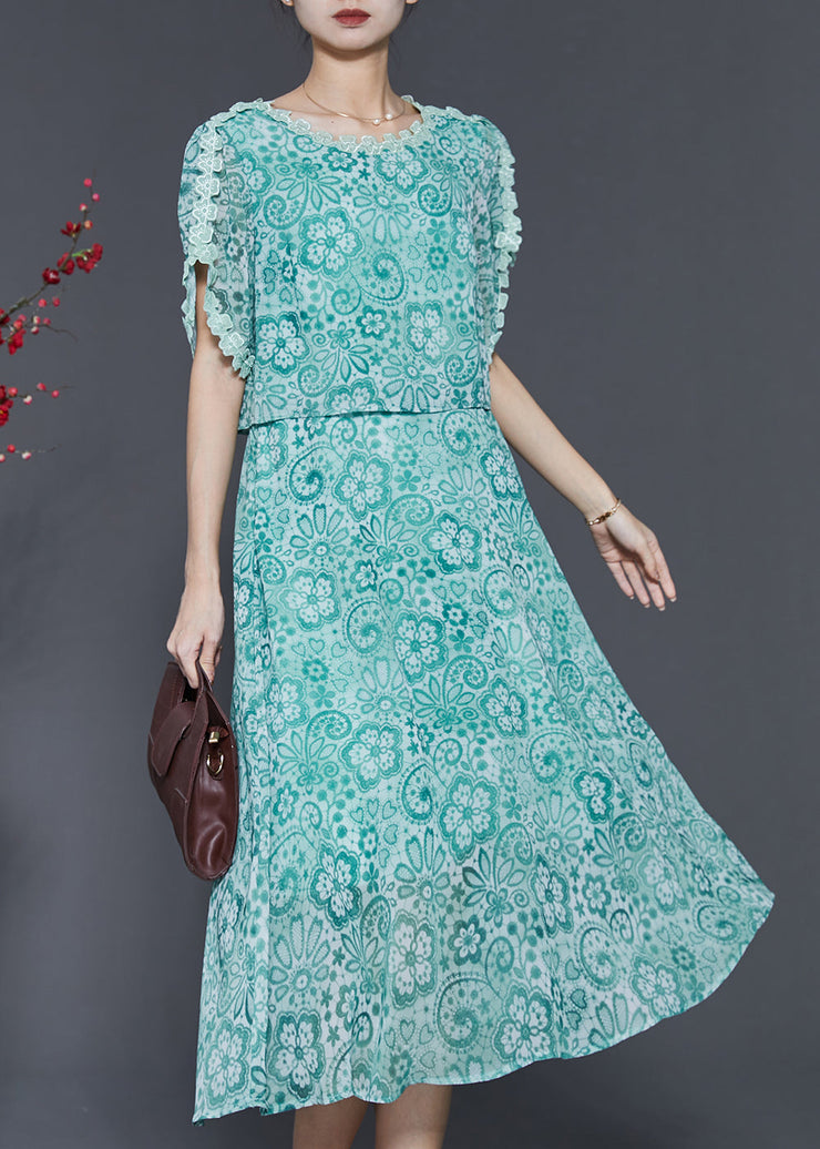 Fitted Green Print Patchwork Chiffon Dresses Summer