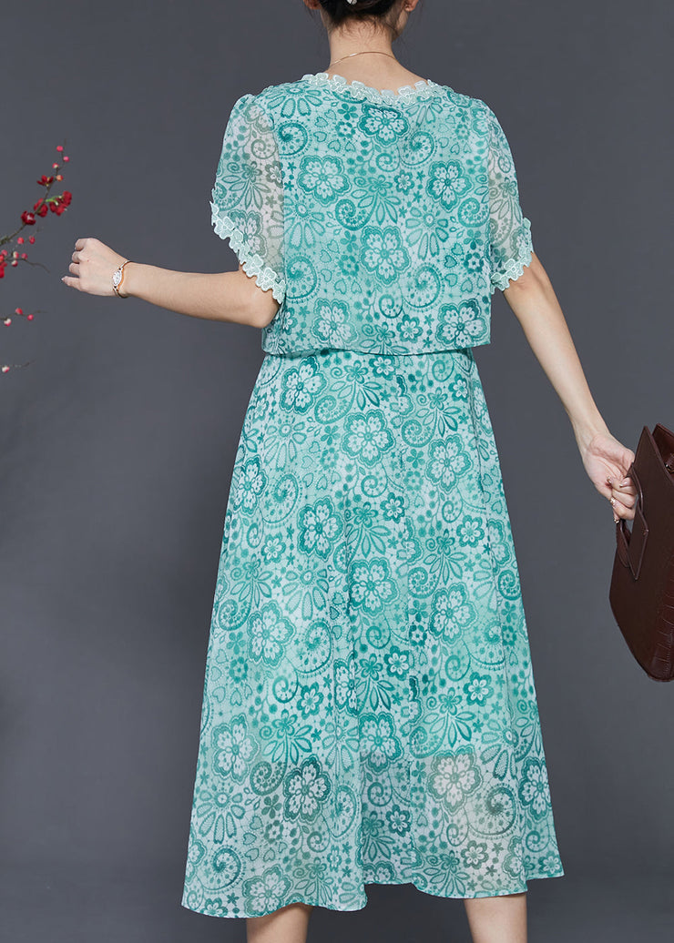 Fitted Green Print Patchwork Chiffon Dresses Summer