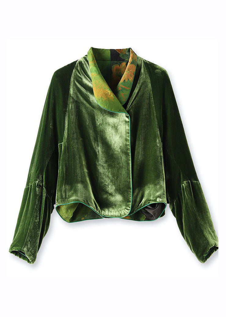 Fitted Green Silk Velour Coats Notched Long Sleeve