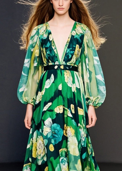 Fitted Green V Neck Print Chiffon Maxi Dress Spring