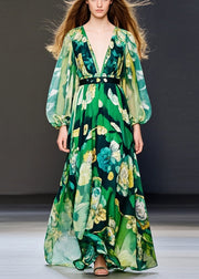 Fitted Green V Neck Print Chiffon Maxi Dress Fall