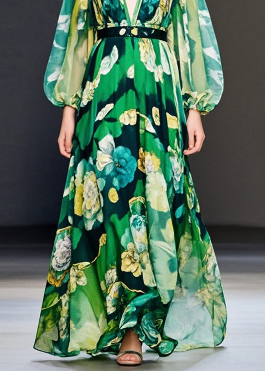 Fitted Green V Neck Print Chiffon Maxi Dress Spring