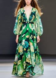 Fitted Green V Neck Print Chiffon Maxi Dress Spring