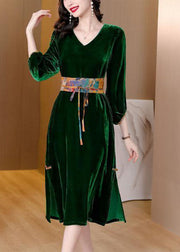 Fitted Green V Neck Side Open Silk Velour Cinch Dresses Fall