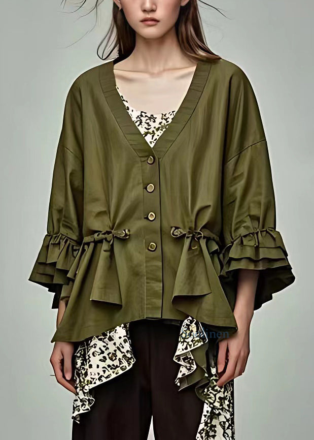 Fitted Green Wrinkled Patchwork Button Coats Fall