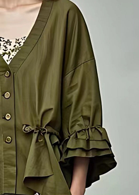 Fitted Green Wrinkled Patchwork Button Coats Fall