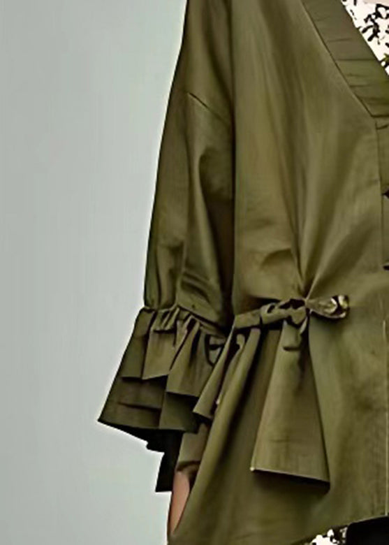 Fitted Green Wrinkled Patchwork Button Coats Fall