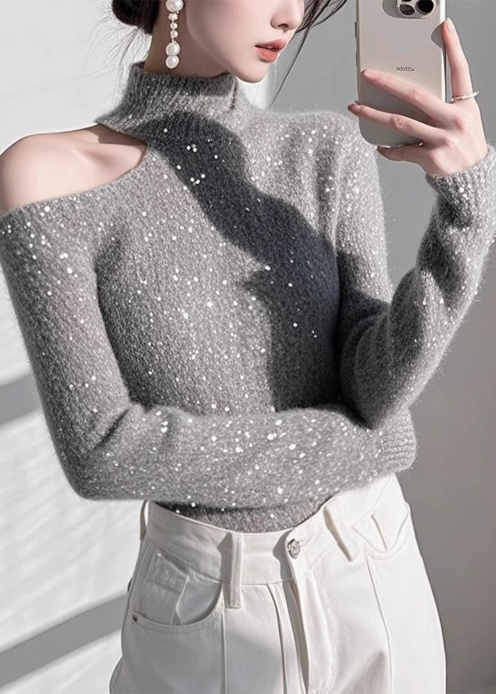 Fitted Grey Cold Shoulder Sequins Knit Sweaters Spring