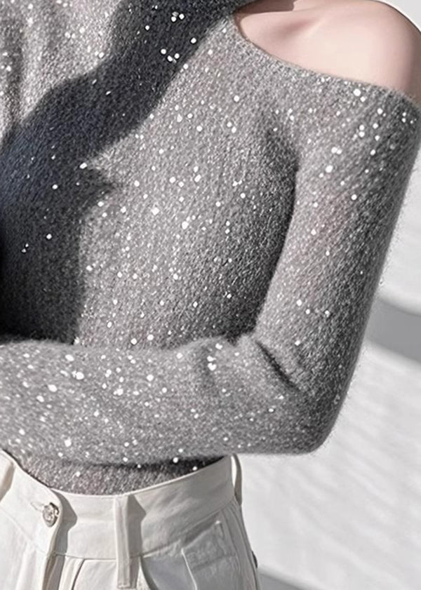 Fitted Grey Cold Shoulder Sequins Knit Sweaters Spring