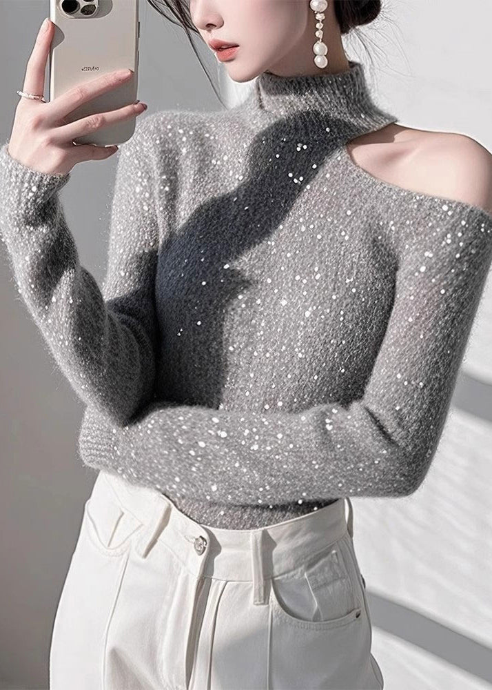 Fitted Grey Cold Shoulder Sequins Knit Sweaters Spring