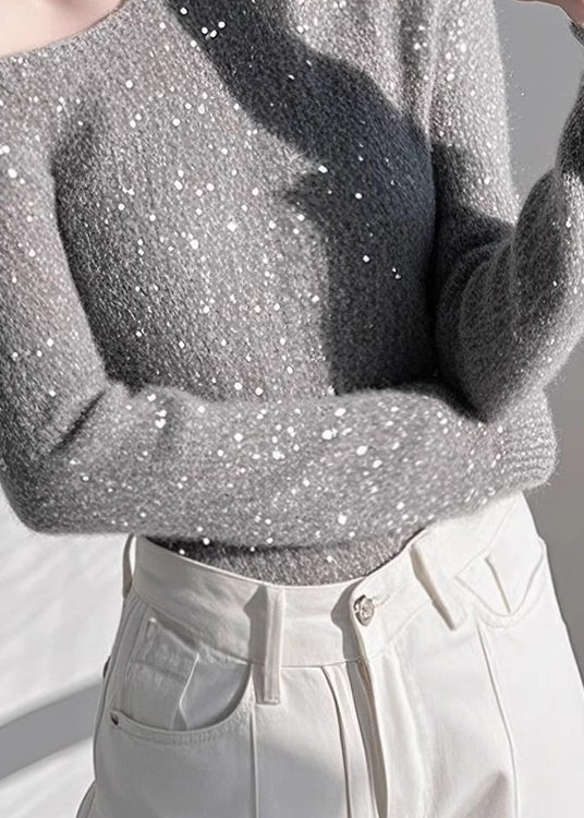 Fitted Grey Cold Shoulder Sequins Knit Sweaters Spring