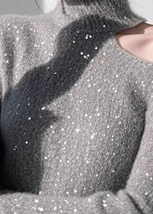 Fitted Grey Cold Shoulder Sequins Knit Sweaters Spring