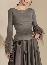 Fitted Grey O-Neck Tassel Cotton Knit Sweaters Spring