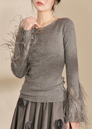 Fitted Grey O-Neck Tassel Cotton Knit Sweaters Spring