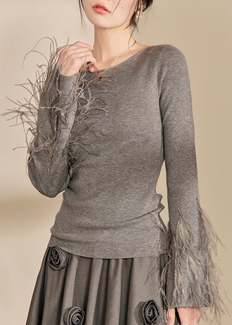 Fitted Grey O-Neck Tassel Cotton Knit Sweaters Fall