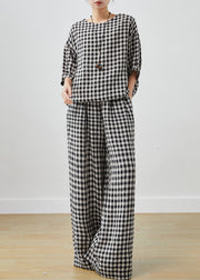 Fitted Grey Oversized Plaid Linen Two Piece Set Outfits Summer