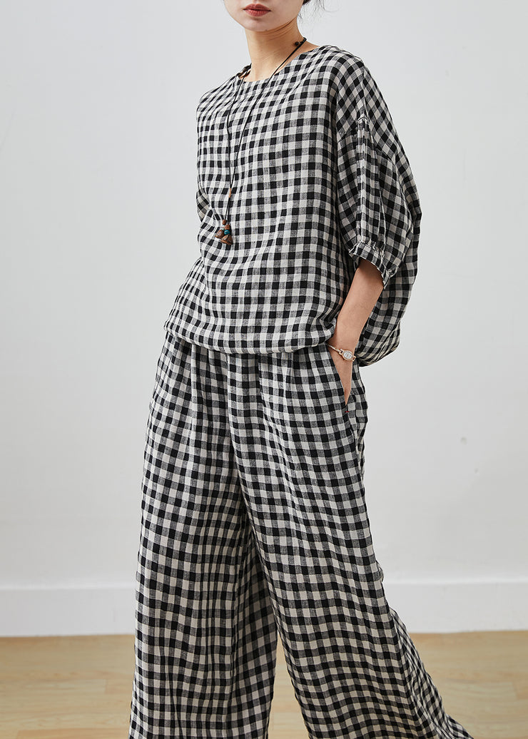 Fitted Grey Oversized Plaid Linen Two Piece Set Outfits Summer