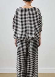 Fitted Grey Oversized Plaid Linen Two Piece Set Outfits Summer