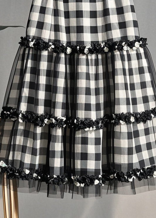 Fitted Grey Ruffled Plaid Patchwork Tulle Skirts Summer