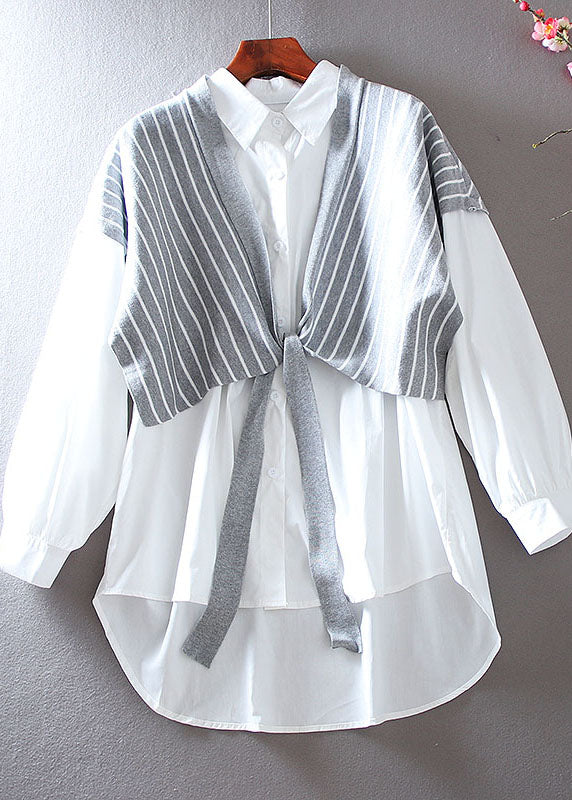 Fitted Grey Striped Patchwork Knit Fake Two Piece Shirt Spring