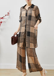 Fitted Khaki Oversized Plaid Chiffon Two Pieces Set Summer
