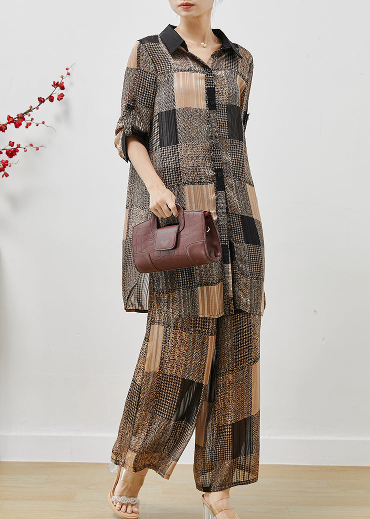 Fitted Khaki Oversized Plaid Chiffon Two Pieces Set Summer