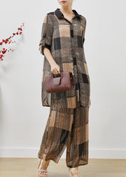 Fitted Khaki Oversized Plaid Chiffon Two Pieces Set Summer