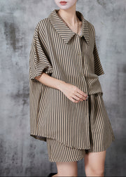 Fitted Khaki Oversized Striped Cotton Two Pieces Set Summer