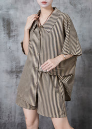 Fitted Khaki Oversized Striped Cotton Two Pieces Set Summer