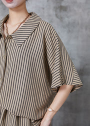 Fitted Khaki Oversized Striped Cotton Two Pieces Set Summer