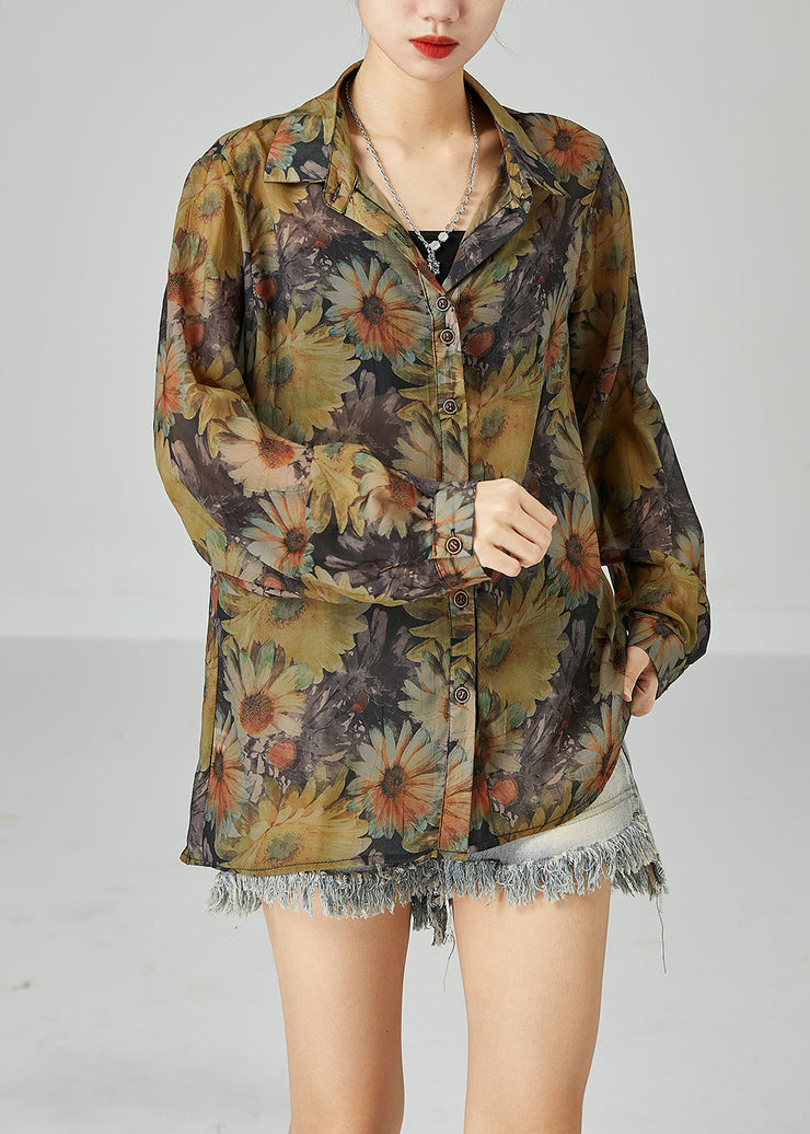 Fitted Khaki Oversized Sunflower Print Cotton Shirt Top Spring