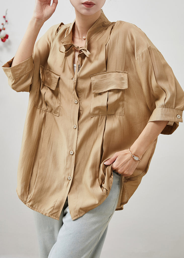 Fitted Khaki Oversized Wrinkled Cotton Shirt Summer