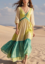 Fitted Khaki Tie Dye Patchwork Cotton Maxi Dress Summer