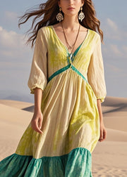 Fitted Khaki Tie Dye Patchwork Cotton Maxi Dress Summer