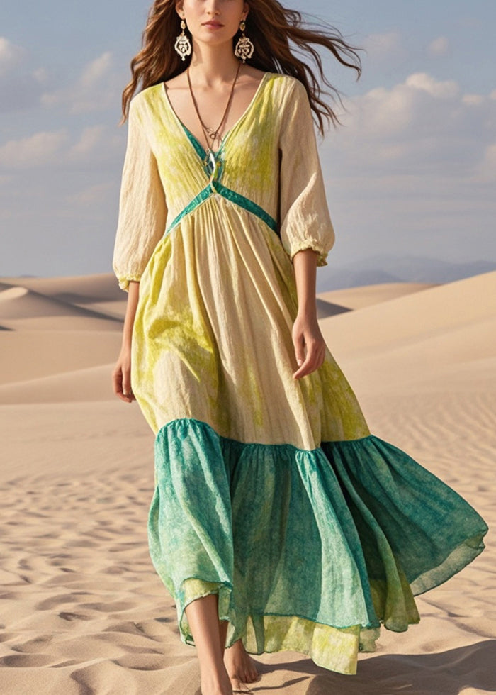 Fitted Khaki Tie Dye Patchwork Cotton Maxi Dress Summer