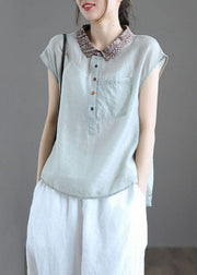 Fitted Light Blue Peter Pan Collar Pockets Patchwork Linen Blouse Tops Summer