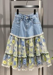 Fitted Light Blue Print Patchwork Tulle Denim Skirt Summer