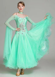 Fitted Light Green Zircon Tulle Patchwork Dance Dress Long Sleeve