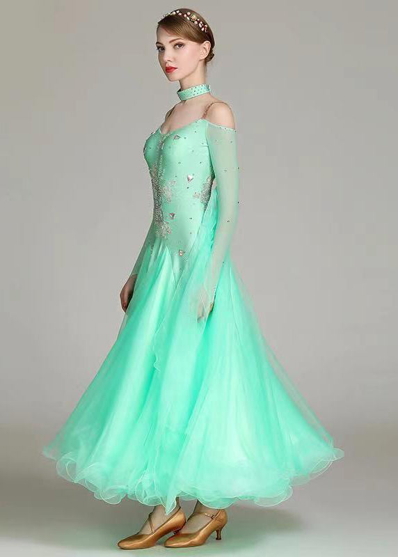 Fitted Light Green Zircon Tulle Patchwork Dance Dress Long Sleeve