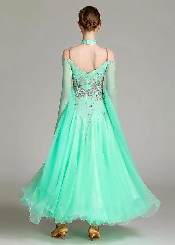 Fitted Light Green Zircon Tulle Patchwork Dance Dress Long Sleeve