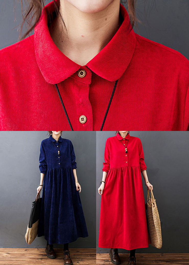 Fitted Navy Blue Peter Pan Collar Patchwork Corduroy Maxi Dresses Fall