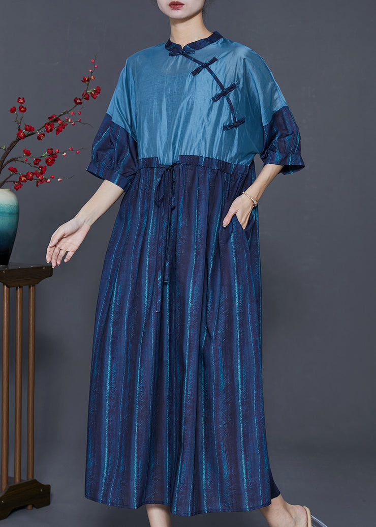 Fitted Navy Cinched Patchwork Linen Dress Summer