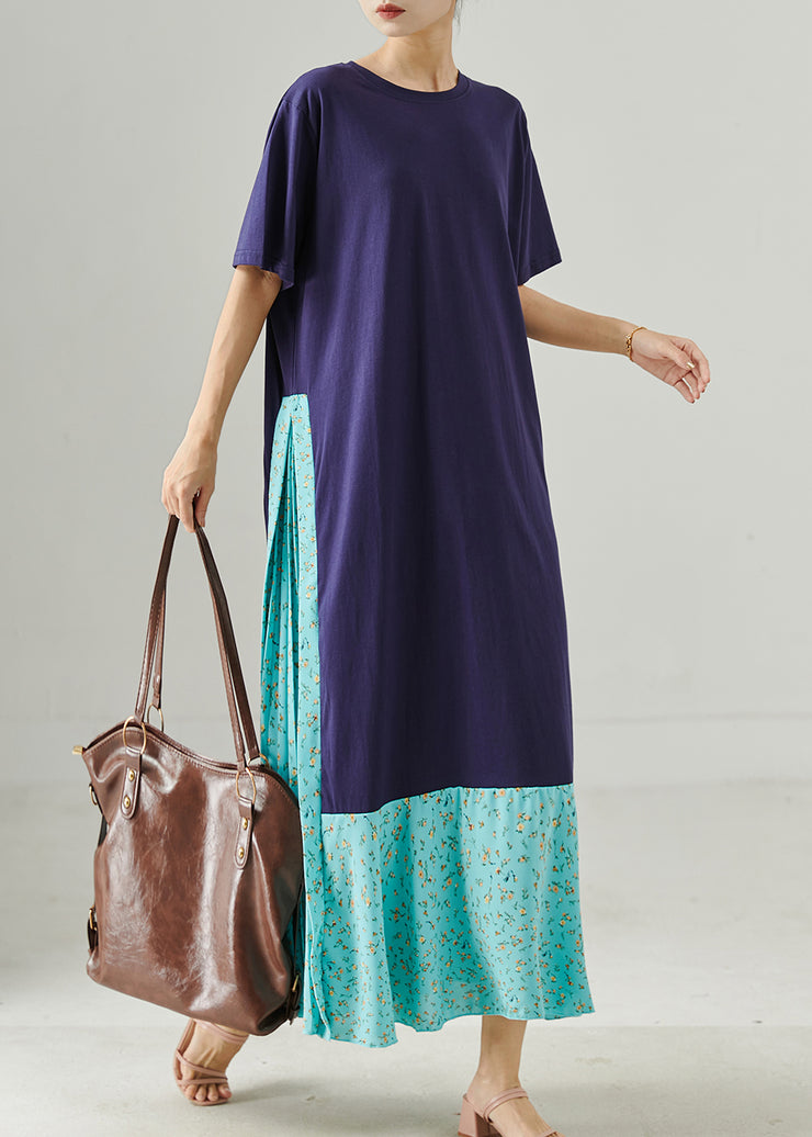 Fitted Navy Oversized Patchwork Cotton Long Dresses Summer