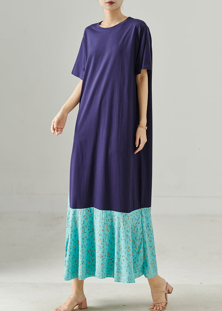 Fitted Navy Oversized Patchwork Cotton Long Dresses Summer