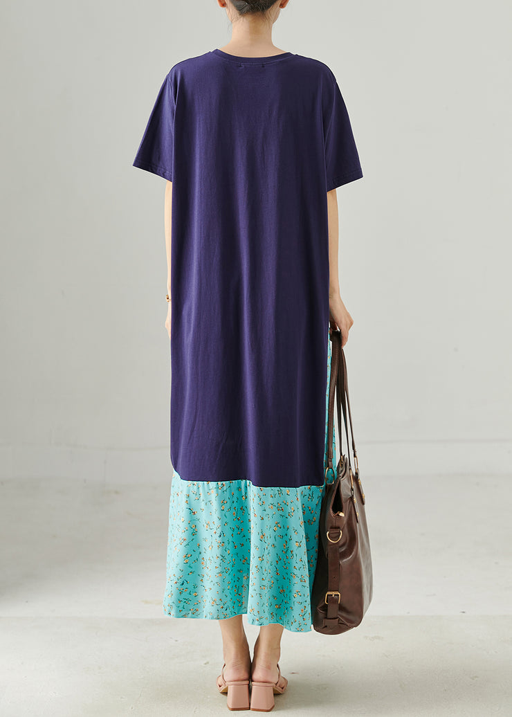 Fitted Navy Oversized Patchwork Cotton Long Dresses Summer