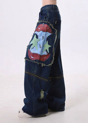 Fitted Navy Patchwork Wear On Both Sides Denim Ripped Pants Spring