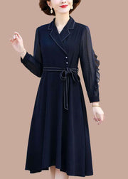 Fitted Navy Peter Pan Collar Patchwork Ruffles Chiffon Cinch Dresses Long Sleeve